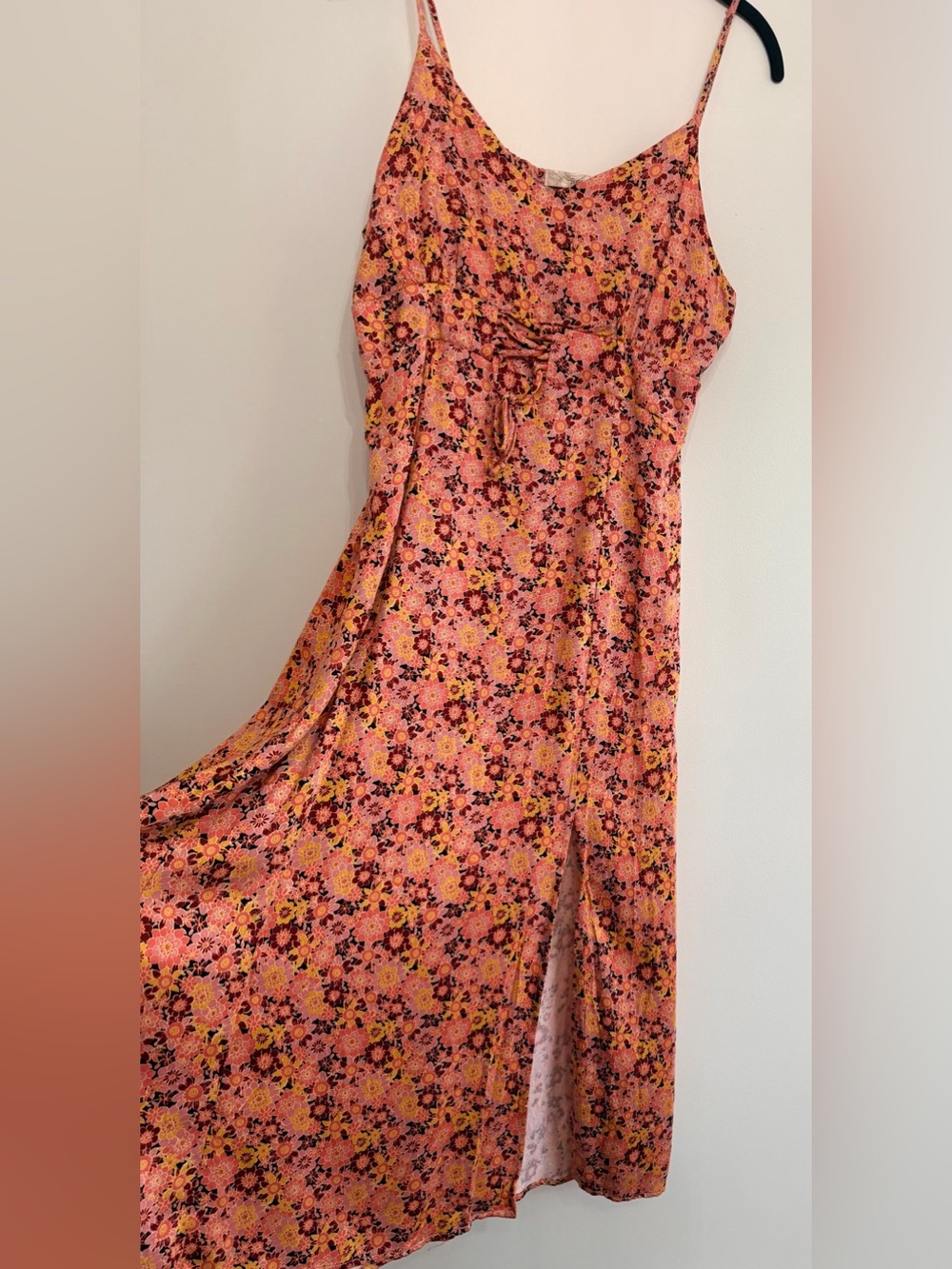 Pink Floral Boho Tie Front Slit Maxi Dress L - Picture 3 of 11